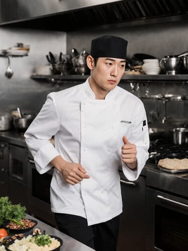 20대 한국인 남성 요리사가 흰색 요리사 복과 검은색 조리 모자를 착용하고 현대적인 주방에 있습니다. 그는 지루한 표정을 지으며 요리 재료를 들고 달리는 모습으로, 다양한 조리 도구와 재료들로 둘러싸여 바쁘지만 영감을 잃은 요리 환경을 표현하고 있습니다.