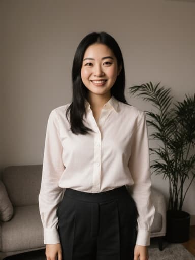 20대 아시아계 여성의 전신 사진으로, 자연스러운 외모를 지니고 있으며 편안한 블라우스와 세련된 슬랙스를 착용하고 있습니다. 그녀는 아늑한 상담실에서 고객과 소통할 준비가 되어 있는 모습으로, 따뜻한 미소를 지으며 자신 있게 서 있습니다. 배경에는 편안한 소파와 세심하게 배치된 식물이 있어 그녀의 접근성을 강조하며 전문적인 분위기를 만들어냅니다.