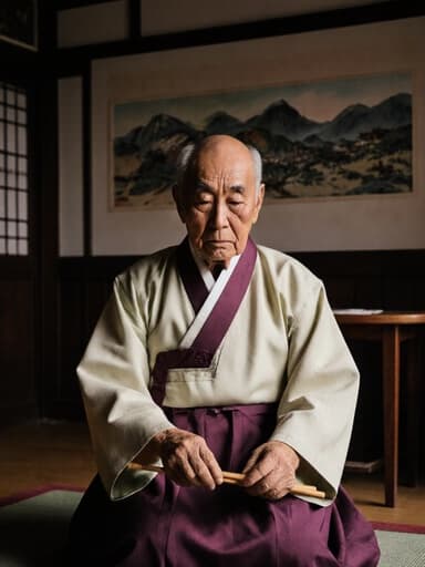 이 이미지는 전통 한복을 입은 80대 동양인 남성이 아늑한 카페 바닥에 앉아 있는 모습을 담고 있습니다. 지루한 표정을 짓고 아래를 바라보며 전통 놀이 도구와 상호작용하고 있으며, 벽에는 한국의 전통 예술로 장식된 따뜻한 분위기가 느껴집니다.