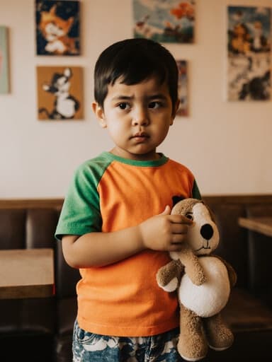아늑한 카페에서 귀여운 3세의 라틴계 남자아이의 반신 촬영입니다. 그는 화사한 색상의 티셔츠와 반바지를 입고 있으며, 동물 인형을 들고 있지만 지루한 표정을 짓고 있습니다. 배경은 다양한 동물 그림으로 장식된 따뜻한 카페 내부로, 친근한 분위기를 만들어냅니다.