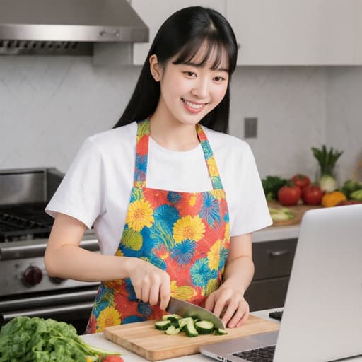 화사한 앞치마와 편안한 티셔츠를 입은 매력적이고 자신감 있는 10대 초반의 한국인 소녀가, 주방의 그릴이 있는 공간에서 식재료를 다듬으면서 컴퓨터를 확인하는 모습의 반신 사진.