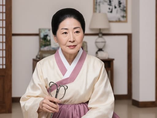 평온한 표정으로 안정감을 주는 60대 백인 여성이 전통적인 한복을 입고 전통적인 한의원 내부 바닥에 앉아 있는 반신 사진입니다. 그녀는 한 손으로 체질 분석 도구를 가볍게 들고 있으며, 부드러운 자연 조명이 있는 차분한 환경 속에 있습니다.