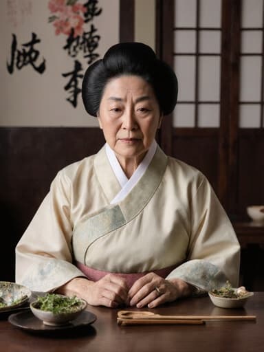 60대 유럽계 여성이 전통적인 한복 스타일의 의상을 입고, 전통 장식이 있는 차분한 한약 상담실에 앉아 있는 반신 촬영입니다. 그녀의 표정은 지루함과 약간의 피로감을 나타내며, 앞에 놓인 한약 조제 도구와 상호작용하고 있습니다.