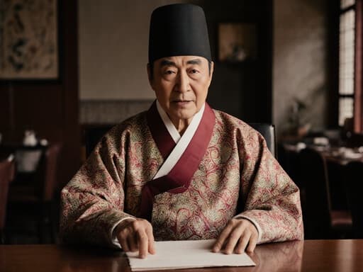 이미지에는 80대 아시아계 남성이 고급스러운 무늬의 한복을 입고 편안하게 회의실 테이블에 앉아 있는 모습이 담겨 있습니다. 그는 이야기의 흐름에 깊이 빠져 있으며, 테이블을 가리키며 이야기하고 있습니다. 아늑한 카페의 내부가 전통적인 주제를 더욱 돋보이게 하여 따뜻하고 inviting한 분위기를 자아냅니다.