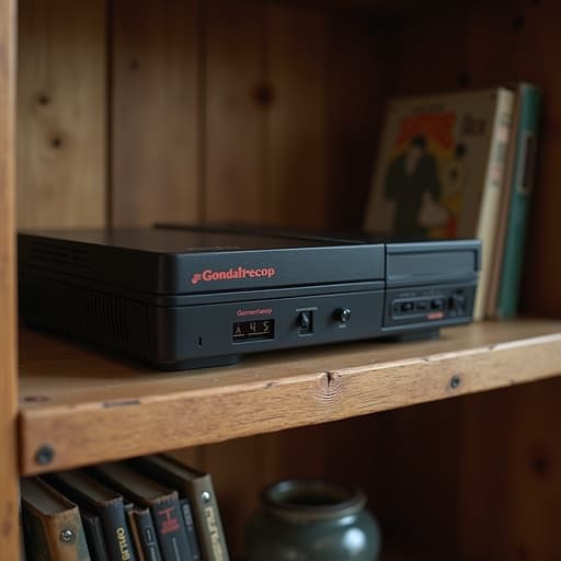 게임 콘솔, 디지털 기기, 빈티지 앤티크 숍의 자연스러운 목재 선반, 부드럽고 따뜻한 조명