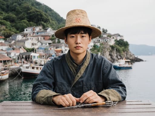 전통 어업 의상을 입고 테이블에 앉아 낚시 도구를 들고 있는 10대 후반 아시아계 남성의 반신 사진. 배경은 그림 같은 어촌 마을로, 차분하고 평화로운 분위기를 자아냅니다.