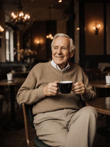 80대 유럽계 남성이 편안한 니트 스웨터와 면바지를 착용하고, 카페 테이블에 앉아 커피잔을 들고 따뜻하게 미소 지으며 대화하는 모습의 반신 사진입니다. 배경은 아늑한 카페 내부로, 따뜻한 조명과 편안한 좌석이 배치되어 있어 대화를 나누기에 매력적인 분위기를 형성하고 있습니다.