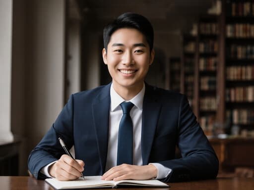 젊은 아시아계 변호사가 정장을 입고 조용한 도서관의 책상에 앉아 노트에 집중하며 자신감 넘치는 미소를 지으며 법률 서적들로 둘러싸인 모습, 전문성과 헌신을 나타냅니다.