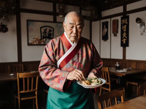 밝은 색상의 한복을 입은 80대 아시아계 남성이 전통 음식을 준비하며 지루한 표정을 짓고 있는 모습의 반신 촬영, 따뜻하고 문화적으로 풍부한 한국 카페에서 촬영되었습니다.