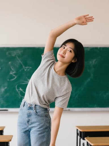 10대 후반의 동양인 여성의 반신 사진으로, 자연스러운 외모를 지니고 있으며 편안한 티셔츠와 청바지를 착용하고 있습니다. 그녀는 손을 올려 스트레칭을 하며 상체를 약간 뒤로 젖히고, 활기차고 긍정적인 표정을 지니고 있습니다. 배경은 밝고 깔끔한 강의실로, 칠판과 책상이 보이는 환경이 조화를 이루고 있습니다.