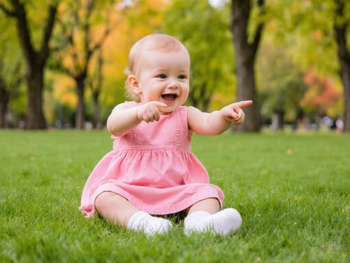 장난스러운 표정을 지닌 1세의 유럽계 여자 아기가 귀여운 분홍색 원피스와 흰색 양말을 착용한 채 공원의 푸른 잔디 위에 크로스 레그로 앉아 무언가를 가리키고 있는 반신 샷. 배경은 푸른 나무들로 가득 차 있어 즐거운 분위기를 만들어냅니다.