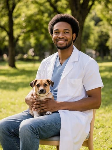 30대의 혼혈 남성이 의사 가운을 입고, 가벼운 티셔츠와 청바지를 착용한 채 햇살이 비치는 공원에 앉아 작은 강아지를 안고 있습니다. 그는 강아지와 소통하며 따뜻하고 친근한 표정을 지으며 매력적인 분위기를 만들어냅니다.