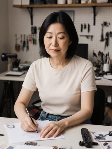 40대 동양인 여성의 반신 촬영으로, 아늑한 작업 공간에 앉아 편안한 티셔츠와 청바지를 착용하고 있습니다. 그녀는 디자인 도구를 사용하며 편안하면서도 집중한 표정을 지으며, 주변에는 정돈된 디자인 자료들이 있어 초대하고 생산적인 분위기를 만들어냅니다.