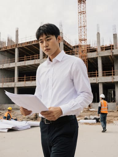 한 젊은 동양인 남성이 건축 현장에서 깔끔한 셔츠와 바지를 입고 건축 도면을 들고 걱정스러운 표정을 짓고 있습니다. 배경에는 작업자들과 공사 중인 건물이 있는 분주한 건축 현장이 펼쳐져 있어 건축의 주제와 그로 인한 도전을 강조합니다.