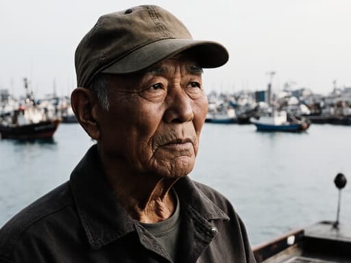 50대 아시아계 남성이 전형적인 어부 작업복과 모자를 착용하고, 항구의 어선을 바라보며 긴장한 표정을 짓고 있는 반신 사진. 배경은 바다와 다른 어선들이 있는 아름다운 항구 풍경으로, 어부의 삶의 본질을 담고 있습니다.