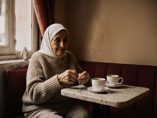 80대 중동계 여성이 자연스러운 외모로 따뜻한 니트 스웨터와 편안한 바지를 입고 반신 촬영된 모습입니다. 그녀는 아늑한 카페의 한 구석에 앉아 바느질을 하며 실과 바늘을 쥐고 있으며 피곤한 표정이지만 여유로운 미소를 짓고 있습니다. 배경에는 커피 컵과 작은 테이블이 있어 아늑하고 창의적인 분위기를 더합니다.