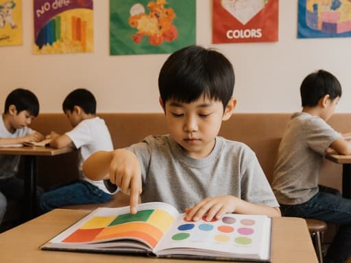 7세 동양인 남아가 아늑한 카페 테이블에 앉아 편안한 티셔츠와 청바지를 입고 졸린 표정을 지으며 색깔이 그려진 책을 바라보며 손가락으로 페이지를 가리키고 있는 반신 샷입니다. 배경에는 벽에 색깔 관련 포스터가 붙어 있고, 다른 어린이들이 학습하는 모습이 담겨 있어 따뜻하고 초대하는 분위기를 만들어냅니다.