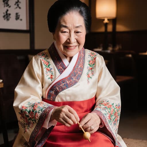 아늑한 카페 바닥에 앉아 있는 80대 아시아계 여성의 반신 사진으로, 화려한 한복을 입고 전통 놀이 도구를 손에 들고 놀이에 집중하며 고마운 미소를 짓고 있습니다. 카페의 부드러운 조명이 아늑한 분위기를 더해주어 전통과 편안함이 어우러진 아름다운 장면을 만들어냅니다.