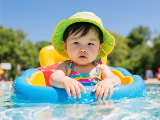 1세 한국인 여자 아기가 밝은 색상의 수영복과 모자를 착용하고, 화창한 야외 수영장 주변의 물놀이 의자에 앉아 있는 반신 사진. 그녀의 표정은 배고픔과 우울함을 드러내며, 손으로 물을 만지작거리는 모습이 주변의 즐거운 분위기와 대조를 이루는 매력적인 장면을 만들어냅니다.