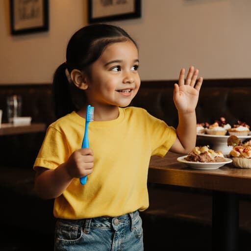 밝은 색상의 티셔츠와 편안한 청바지를 입은 7세의 라틴계 소녀가 다양한 디저트로 가득 찬 아늑한 카페에서 칫솔을 들고 손을 흔들며 즐거운 표정을 지어 보이고 있습니다. 이 이미지에서는 장난기 넘치고 따뜻한 분위기를 느낄 수 있습니다.