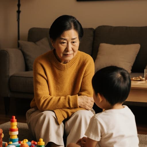 70대 한국인 여성이 밝은 색상의 스웨터와 면바지를 입고 아늑한 거실 바닥에 앉아 손자와 장난감을 보며 지루한 표정을 짓고 있는 모습의 반신 샷. 따뜻한 조명과 편안한 가구가 아늑한 분위기를 자아냅니다.