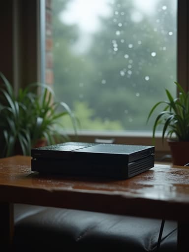 나무 테이블 위의 게임 콘솔과 배경에 있는 비 오는 창문이 아늑하고 초대하는 분위기를 만듭니다.