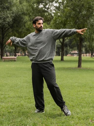 자연스러운 외모를 가진 40대 중동계 남성이 편안한 스포츠웨어를 착용하고 있는 전체 신체 샷입니다. 그는 한 발을 앞으로 내딛고 팔을 자연스럽게 벌린 춤추는 자세를 취하고 있습니다. 배경은 넓고 푸른 잔디밭이 있는 공원으로, 몇 그루의 나무와 벤치가 보입니다. 남성은 무관심한 표정을 지으며 차분한 감정을 전달하고 있습니다. 이 장면은 움직임과 평온함이 조화를 이루는 생기 넘치는 야외 분위기를 담고 있습니다.