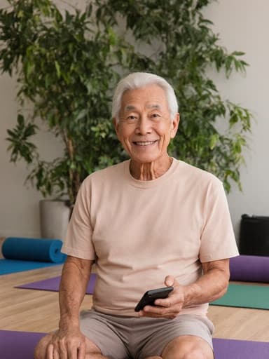 이 이미지는 60대 혼혈 남성이 편안한 요가복을 입고 있는 반신 사진을 보여줍니다. 그는 한 손에 전화를 들고, 다른 손은 자연스럽게 옆에 두고 친근한 표정을 짓고 있습니다. 배경은 매트와 식물이 배치된 아늑한 요가 스튜디오로, 고요한 분위기를 더해줍니다. 전체적인 분위기는 초대하고 편안하여 웰니스와 라이프스타일 주제에 적합합니다.