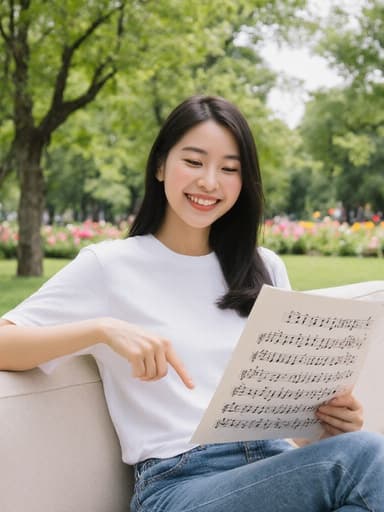20대 아시아계 여성의 반신 사진으로, 자연스러운 외모를 가진 그녀가 푸르른 공원에서 소파에 편안하게 앉아 있습니다. 그녀는 편안한 티셔츠와 청바지를 입고 있으며, 밝고 긍정적인 표정으로 미소를 지으며 악보를 자세히 보고 손가락으로 가리키고 있습니다. 배경은 생기 있는 나무와 꽃들로 가득 차 있어, 그녀의 즐거운 모습을 더욱 돋보이게 하는 평화롭고 초대하는 분위기를 연출합니다.