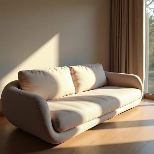 소파, 가구, 유기적인 곡선이 있는 아늑한 거실, 따뜻하고 초대하는.