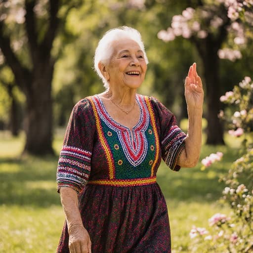 80세의 라틴계 여성이 화려한 전통 의상을 입고, 햇살이 비치는 공원에서 우아하게 걷고 있는 반신 사진. 자연 속에서 행복과 기쁨을 발산하며 가벼운 춤을 추는 모습.