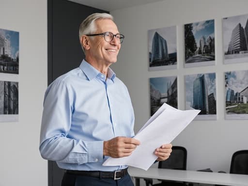 유럽계 50대 남성이 세련된 셔츠와 정장 바지를 입고, 긍정적인 미소를 지으며 건축 도면을 들고 있는 반신 촬영이 현대적인 건축 사무소의 디자인 이미지가 걸려 있는 배경에서 이루어지고 있습니다.