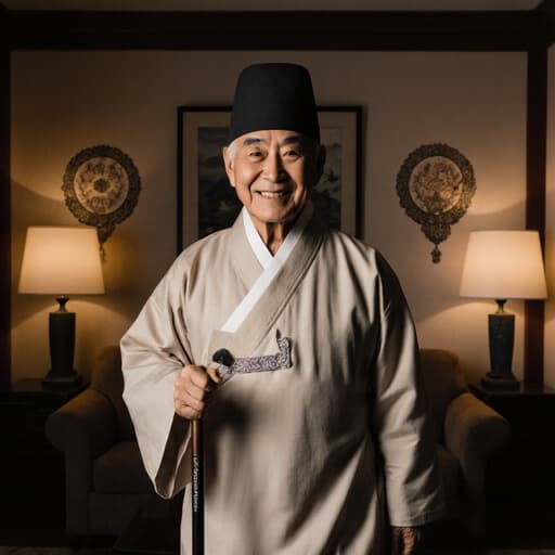 이 이미지는 전통 한복을 입고 지팡이를 잡고 따뜻한 미소를 지으며 걷고 있는 80대 혼혈 남성을 보여줍니다. 아늑한 거실은 부드러운 조명과 전통 문양 장식으로 가득 차 있어 환영하고 평온한 분위기를 만들어냅니다.