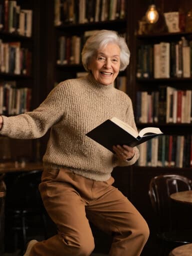 70대 라틴계 여성이 책을 들고 즐겁게 점프하는 모습의 전신 샷, 아늑한 카페 내부에 책장이 있는 조용한 공간에서 편안한 니트 스웨터와 따뜻한 색상의 바지를 입고 자연광에 비춰진 모습.