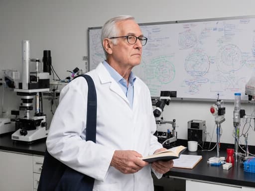 60대 유럽계 남성이 흰색 실험복과 안경을 쓰고 현대적인 연구실에서 연구 장비들을 바라보며 무관심한 표정을 짓고 있는 반신 사진. 한쪽 어깨에 가방을 메고 연구 노트를 들고 있으며, 과학적 탐구의 본질을 잘 담고 있는 모습이다.