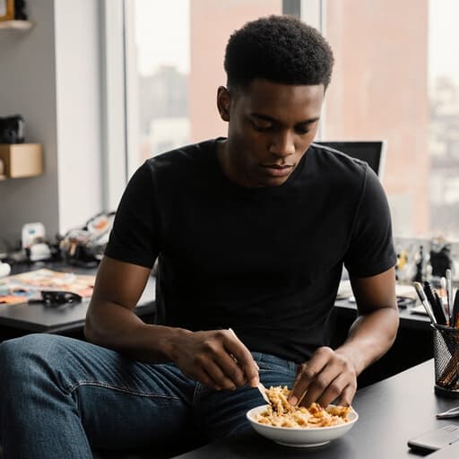 세련된 블랙 티셔츠와 청바지를 착용한 20대 아프리카계 남성이 현대적인 작업 공간에서 디자인 도구와 자연광 속에서 자신감 있게 식사에 집중하고 있는 모습입니다.