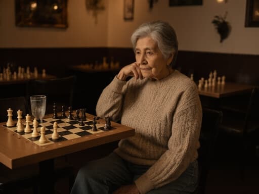 편안한 니트 스웨터와 청바지를 입은 70세의 라틴계 여성이 아늑한 카페 테이블에 앉아 있습니다. 그녀는 체스판을 바라보며 다음 수를 고민하고 있으며, 따뜻한 조명이 장면의 평온한 분위기를 한층 더해줍니다.