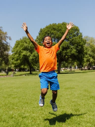 7세 남자 흑인 아이가 귀엽고 생기 넘치는 표정으로 밝은 색의 티셔츠와 반바지를 입고, 두 손을 높이 들고 점프하며 즐겁게 노래를 부르는 모습의 전신 촬영. 푸른 잔디와 나무들이 우거진 공원에서 화창한 날씨 속의 즐거운 모습.