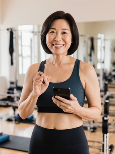 자연스러운 외모를 가진 40대 동양인 여성이 편안한 필라테스 복장을 입고 전화기를 들고 대화하는 모습의 반신 사진, 다양한 필라테스 기구와 매트가 배치된 필라테스 스튜디오에서 긍정적이고 자신감 있는 분위기를 자아냅니다.