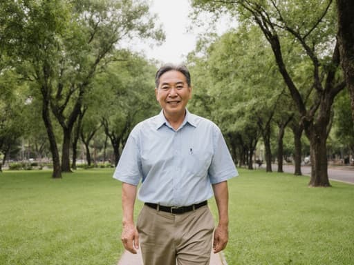 이 이미지는 50대 아시아계 남성이 친근한 표정으로, 편안한 캐주얼 의상을 입고 평화로운 공원에서 자연스럽게 걷고 있는 반신 촬영을 담고 있습니다. 그의 표정은 따뜻함과 친근함을 전달하며, 초록 나무와 잔디로 가득한 환경의 고요한 분위기와 잘 어울립니다.