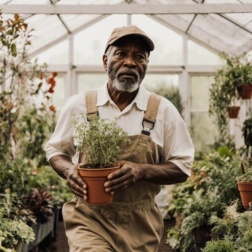 60대의 편안한 모습의 흑인 남성이 정원 작업복을 입고 식물 화분을 들고 달려가는 반신 촬영. 밝고 아늑한 실내 정원에서 다양한 식물들 사이에서 약간 지루한 표정을 지으며 현실적인 장면을 연출합니다.