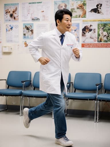 40대 동양인 수의사가 청바지와 운동화를 입고 의사 가운을 착용한 채로 주사기를 들고 달려가는 역동적인 장면이 담긴 사진으로, 동물 사진과 건강 정보를 담은 포스터가 붙어 있는 동물 병원 대기실에서 열정을 가지고 환자를 돕기 위해 최선을 다하는 모습을 보여줍니다.
