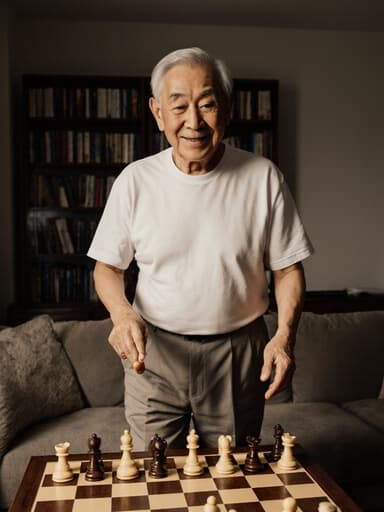 80대의 동양인 남성이 편안한 티셔츠와 슬랙스를 입고 아늑한 거실의 체스판을 향해 걸어가고 있습니다. 그는 손에 체스 기물을 들고 있으며, 고마워하는 듯한 따뜻한 미소를 지니고 있습니다. 주변에는 소파와 책장이 배치되어 있습니다.
