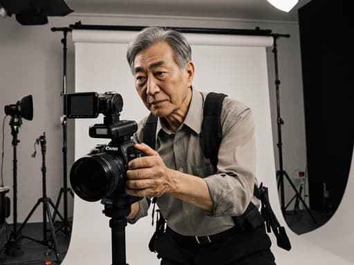 이 이미지는 60대의 차분하고 침착한 한국 남성이 편안한 작업복을 입고, 다양한 사진 장비와 배경지가 있는 사진 작업실에서 사진을 찍는 모습입니다.