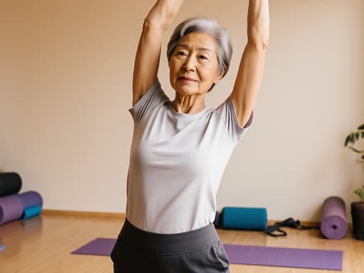 50대 아시아계 여성이 편안한 요가 복을 입고 따뜻한 요가 스튜디오에서 스트레칭하는 모습의 반신 샷으로, 편안하고 무관심한 감정을 표현하고 있습니다.