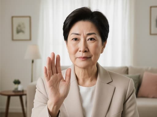 50대 한국인 여성이 편안한 상담복을 입고, 긴장한 표정을 지으며 손을 살짝 흔들고 있는 반신 촬영. 아늑한 거실에서 상담을 준비하는 모습으로, 부드럽고 자연스러운 조명이 따뜻한 분위기를 더해줍니다.