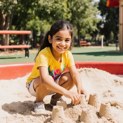 7세 중동계 여아가 햇살이 비치는 공원 내 모래놀이 공간에서 모래성을 쌓으며 즐겁게 미소짓고 있는 모습, 밝은 색상의 티셔츠와 반바지를 입고 나무와 벤치가 있는 공간에서 어린 시절의 자유로운 분위기를 담고 있습니다.