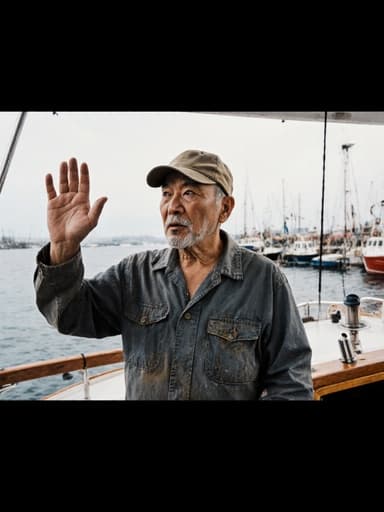 작업복을 입은 40대 아시아계 남성이 어선의 조타수 위치에 서서 주변을 살피며 놀란 듯한 표정을 짓고 있는 전신 사진, 배경에는 다른 어선과 바다가 있는 항구의 풍경이 보임.