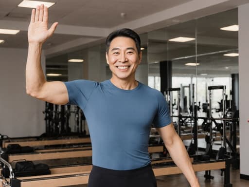 자연스러운 외모를 가진 40대 아시아계 남성이 편안한 필라테스 복장, 즉 몸에 딱 맞는 탑과 레깅스를 입고 있는 반신 사진입니다. 그는 긍정적인 표정을 지으며 팔을 들어 친근하게 인사하고 있습니다. 배경은 밝은 조명과 다양한 운동 기구가 있는 현대적인 필라테스 스튜디오로, 따뜻한 분위기를 만들어냅니다. 전체 이미지는 건강과 웰빙의 본질을 포착하며 모델의 생동감 넘치는 에너지와 스튜디오의 환영하는 분위기를 잘 보여줍니다.
