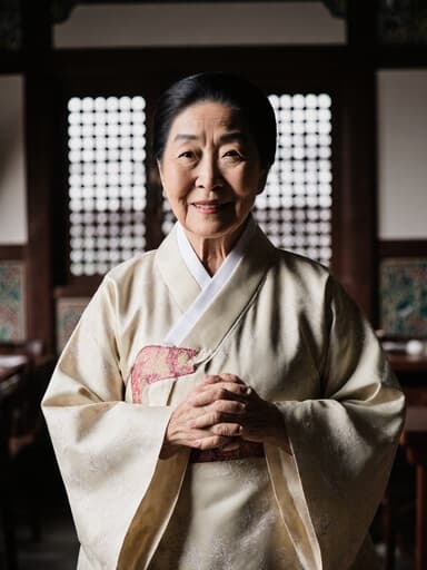 70대 동양인 여성의 반신 사진으로, 부드러운 색조의 패턴이 돋보이는 전통 한복을 착용하고 있습니다. 온화한 미소를 지으며, 가슴 앞에 손을 모으고 인사하는 자세를 취하고 있습니다. 배경은 전통적인 한국 카페 내부로, 문양이 있는 창문이 있어 고요하고 초대하는 분위기를 자아냅니다.